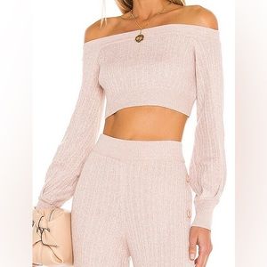Michael Costello kalina XS oatmeal thick ribbed crop sweater off the shoulder